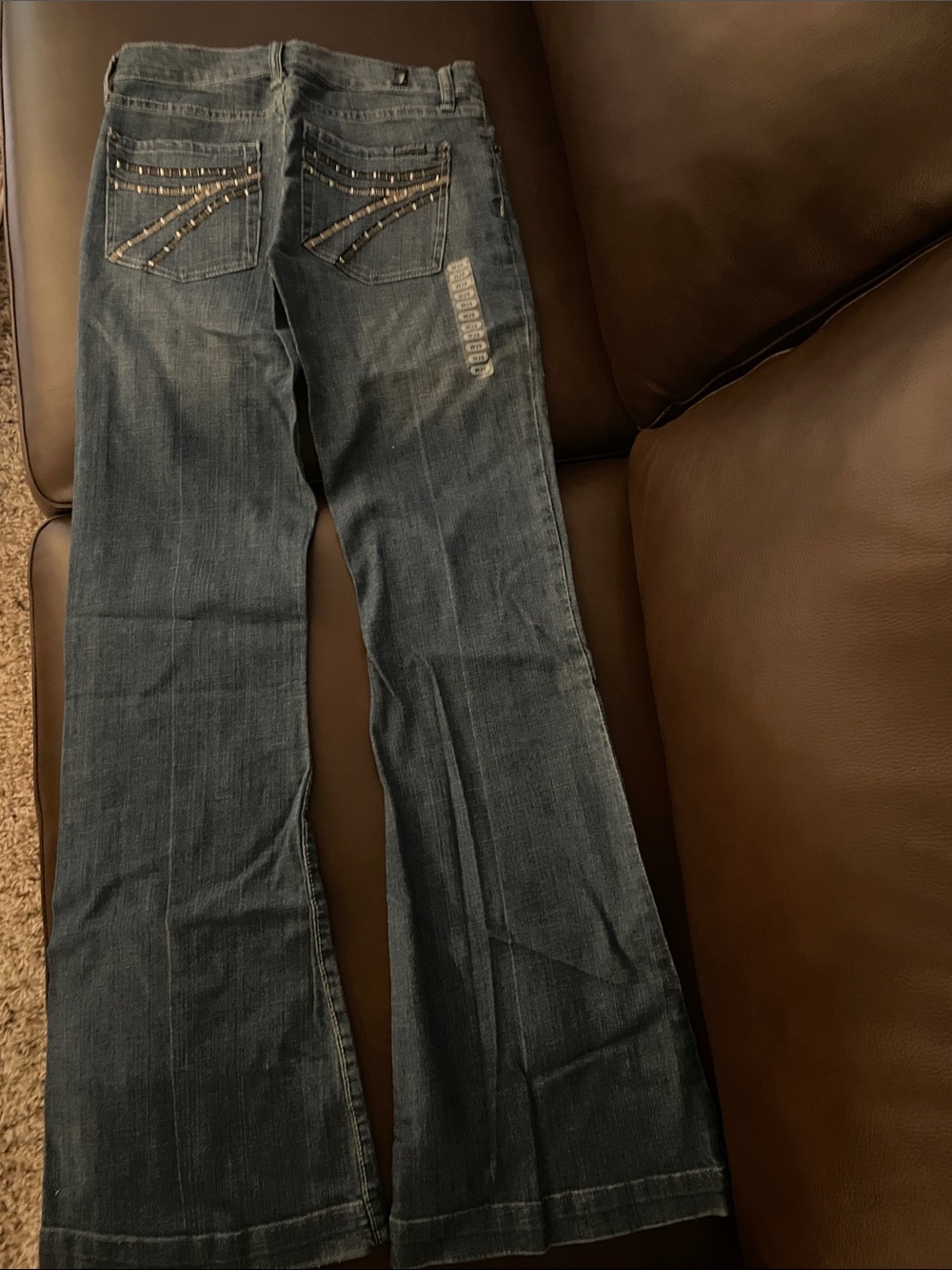 7 For All Mankind Medium Blue Flare Jeans with Studded Back Pockets